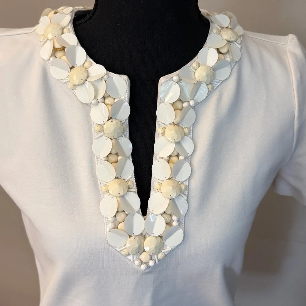 Tory Burch Ivory Embellished Floral Neckline Top XS